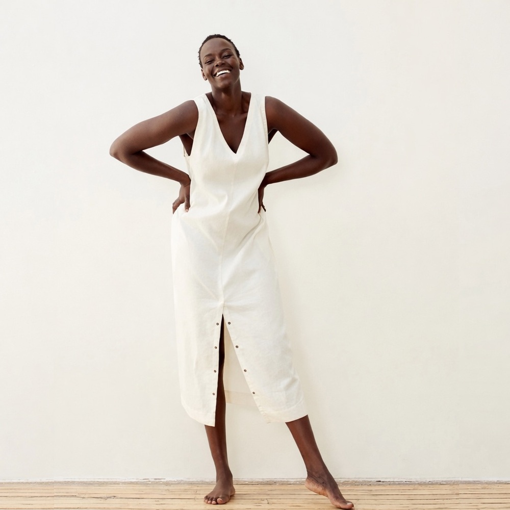 Aday M Free Float linen dress ivory midi front slit 0681 v-neck sustainable